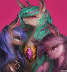 Size: 944x1000 | Tagged: safe, artist:girlsay, princess celestia, princess luna, twilight sparkle, twilight sparkle (alicorn), alicorn, pony, female, looking at you, mare, missing accessory, patreon, patreon logo, royal sisters, simple background, smiling, starry eyes, trio, wingding eyes