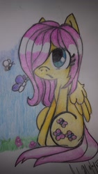 Size: 1024x1820 | Tagged: safe, artist:nerdling18, fluttershy, bee, butterfly, pegasus, pony, colored pencil drawing, filly, filly fluttershy, folded wings, hair over one eye, sitting, solo, traditional art, unamused