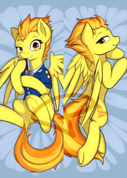 Size: 600x840 | Tagged: safe, artist:theparagon, derpibooru import, spitfire, pegasus, pony, body pillow, body pillow design, clothes, female, looking at you, looking back, mare, rear view, sexy, smiling, stupid sexy spitfire, sunglasses, underhoof, watermark