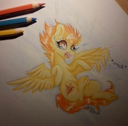 Size: 1152x1136 | Tagged: safe, artist:woonborg, derpibooru import, spitfire, pegasus, pony, broken wing, cheek fluff, chest fluff, colored pencil drawing, crying, ear fluff, falling, female, mare, signature, solo, traditional art, underhoof