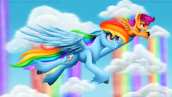 Size: 3840x2160 | Tagged: safe, artist:victoria-luna, derpibooru import, rainbow dash, scootaloo, pegasus, pony, sleepless in ponyville, 4k, chest fluff, cloud, duo, ear fluff, female, filly, fluffy, flying, foal, holding, hoof fluff, leg fluff, long feather, mare, rainbow waterfall, scootalove, signature, unshorn fetlocks