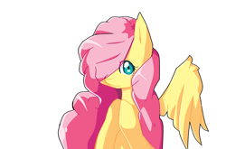 Size: 2098x1382 | Tagged: safe, artist:darkreimbow97, fluttershy, pegasus, pony, bust, hair over one eye, hooves together, looking at you, simple background, solo, spread wings, white background