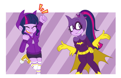 Size: 2528x1632 | Tagged: safe, artist:thewallop-cat12, sci-twi, twilight sparkle, equestria girls, batgirl, cheering, clothes, converse, dc superhero girls, eyes closed, fist pump, grin, hoodie, missing accessory, open mouth, shoes, shrug, smiling, socks, tara strong, thigh highs, voice actor joke