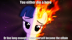 Size: 1920x1080 | Tagged: safe, artist:malathrom, derpibooru import, edit, twilight sparkle, batman, harvey dent, image macro, mane of fire, meme, rapidash, rapidash twilight, the dark knight, two-face, wallpaper, you either die a hero or live long enough to see yourself become the villain