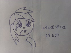 Size: 4160x3120 | Tagged: safe, artist:sakura saga 🇯🇵, derpibooru import, rainbow dash, pegasus, pony, parental glideance, crying, japanese, lineart, sad