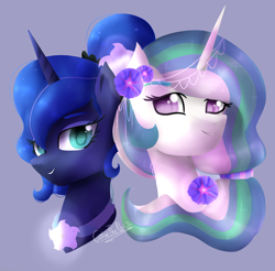 Size: 1024x1009 | Tagged: safe, artist:colinetheneko, princess celestia, princess luna, alicorn, pony, bust, duo, flower, flower in hair, royal sisters, simple background