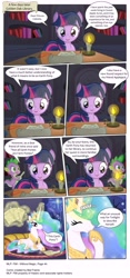 Size: 3375x7209 | Tagged: safe, artist:perfectblue97, princess celestia, spike, twilight sparkle, alicorn, dragon, earth pony, pony, comic:without magic, absurd resolution, blank flank, book, bookshelf, candle, canterlot castle, comic, earth pony twilight, golden oaks library, scroll