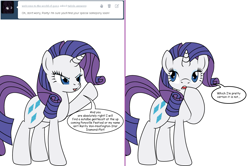 Size: 1204x800 | Tagged: safe, artist:dekomaru, rarity, pony, unicorn, ask, female, mare, misspelling, simple background, solo, tumblr, tumblr:ask twixie, white background