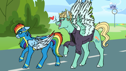 Size: 3000x1690 | Tagged: safe, artist:dashkatortik12222222, derpibooru import, rainbow dash, zephyr breeze, pegasus, pony, angry, clothes, colored hooves, cross-popping veins, female, flirting, goggles, heart, male, mare, open mouth, raised hoof, shipping, smiling, spread wings, stallion, straight, this will end in pain, two toned wings, uniform, wing fluff, wings, wonderbolts uniform, zephdash