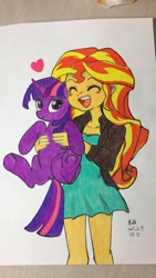 Size: 540x960 | Tagged: safe, artist:李硕, sunset shimmer, twilight sparkle, equestria girls, clothes, cute, dress, duo, duo female, female, shimmerbetes, smiling, twiabetes