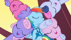 Size: 2880x1619 | Tagged: safe, derpibooru import, screencap, lilac links, rainbow dash, earth pony, pegasus, pony, winter wrap up, background pony, blueberry taffy, eyes closed, female, mare, singing, swirly cotton, unnamed pony, weather team, winter wrap up song, winter wrap up vest