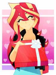 Size: 2448x3264 | Tagged: safe, artist:xan-gelx, sunset shimmer, human, equestria girls, clothes, commission, cute, digital art, eyes closed, female, holiday, present, shimmerbetes, smiling, solo, valentine's day