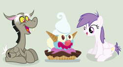 Size: 3182x1740 | Tagged: safe, artist:punzil504, discord, princess celestia, alicorn, pegasus, pony, forever filly, spoiler:comic, spoiler:comic50, clown surprise, eating, food, for the pony who has everything, ice cream, idw showified, ponified, pony discord, simple background, transformed