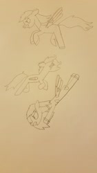 Size: 2268x4032 | Tagged: safe, artist:rainbow dash is best pony, derpibooru import, rainbow dash, scootaloo, oc, oc:wooden toaster, pegasus, pony, fanfic:rainbow factory, chase, clothes, crying, flying, furious, lab coat, lineart, pencil drawing, rainbow factory dash, running, spread wings, traditional art, wings