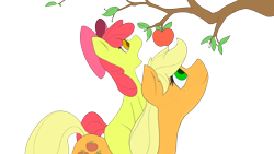 Size: 1600x900 | Tagged: safe, artist:solipsus, apple bloom, applejack, earth pony, pony, apple, hatless, missing accessory, open mouth, ponies riding ponies