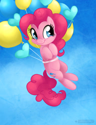 Size: 800x1035 | Tagged: safe, artist:gabapple, pinkie pie, earth pony, pony, balloon, cute, diapinkes, female, flying, hooves to the chest, mare, sky, solo, then watch her balloons lift her up to the sky
