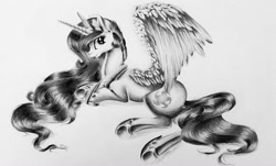 Size: 1024x618 | Tagged: safe, artist:retromirage, princess celestia, alicorn, pony, grayscale, monochrome, prone, simple background, solo, spread wings, traditional art, underhoof, wings