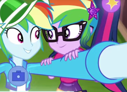 Size: 1124x818 | Tagged: safe, derpibooru import, screencap, rainbow dash, sci-twi, twilight sparkle, better together, equestria girls, festival filters, cropped, duo, geode of telekinesis, hair swap, looking at each other, magical geodes, selfie, shipping fuel