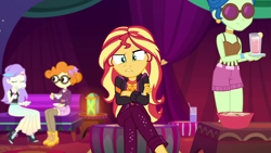 Size: 1920x1080 | Tagged: safe, screencap, laurel jade, scribble dee, snow flower, sunset shimmer, equestria girls, equestria girls series, sunset's backstage pass!, spoiler:eqg series (season 2), beverage, bowl, clothes, crossed legs, cup, drinking, ear piercing, earring, female, food, frustrated, glasses, jewelry, legs, lemon, looking at you, noodle bowl, noodles, piercing, shorts, sitting, sleeveless, sunglasses, tea, teacup