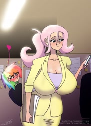 Size: 1537x2114 | Tagged: safe, artist:ringteam, derpibooru import, fluttershy, rainbow dash, human, alternate hairstyle, big breasts, blushing, breasts, cleavage, female, flutterdash, heart, hootershy, huge breasts, humanized, lesbian, office, shipping