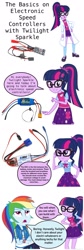 Size: 800x2390 | Tagged: artist needed, safe, derpibooru import, edit, rainbow dash, sci-twi, twilight sparkle, equestria girls, caption, clothes, comic strip, educational, electronics, lab coat, mixed media, simple background, speech bubble, text, vector, vector edit, white background