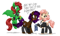 Size: 5000x3000 | Tagged: safe, artist:flutterthrash, oc, oc only, oc:berry mocha, oc:lizzie, oc:watermelon frenzy, earth pony, unicorn, brown coat, clothes, collar, concert, cream coat, cutie mark, ear piercing, earring, fangs, golden eyes, green coat, jewelry, metal, outfit, patch, piercing, pink mane, purple eyes, purple mane, red eyes, red mane, smug, spiked collar, spiked tail tie, spiked wristband, stockings, text, thigh highs, vampire bat pony, vest, worried, wristband