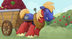 Size: 1980x1080 | Tagged: safe, artist:smudge proof, derpibooru import, big macintosh, oc, oc:dhey, earth pony, pony, apple, cart, character to character, commission, male, solo, stallion, sweat, transformation, wallpaper