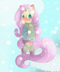 Size: 2500x3000 | Tagged: safe, artist:kimmico1234, fluttershy, pegasus, pony, semi-anthro, clothes, jacket, scarf, shoes, snow, snowfall, socks, solo