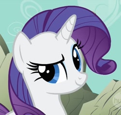 Size: 696x660 | Tagged: safe, screencap, rarity, pony, unicorn, a dog and pony show, cropped, dreamworks face, hub logo, looking at you, raised eyebrow, reaction image, smiling, smirk, smugity, solo