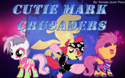 Size: 1280x800 | Tagged: safe, artist:brunoprower500, derpibooru import, apple bloom, scootaloo, sweetie belle, cutie mark crusaders, logo, show stopper outfits, wallpaper