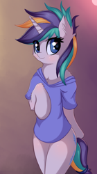 Size: 840x1500 | Tagged: safe, artist:twiren, rarity, anthro, semi-anthro, unicorn, alternate hairstyle, arm hooves, blushing, cheek fluff, chest fluff, clothes, cute, ear fluff, female, gradient background, looking at you, mare, punk, raribetes, raripunk