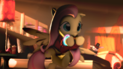 Size: 1920x1079 | Tagged: safe, artist:doge4ce, angel bunny, fluttershy, pegasus, pony, 3d, clothes, glow rings, hat, source filmmaker, tongue out