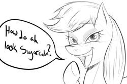 Size: 1128x751 | Tagged: safe, artist:thethunderpony, applejack, earth pony, pony, bedroom eyes, eyeshadow, eyeshadowjack, hatless, makeup, missing accessory, monochrome, open mouth, sketch, solo, that was fast