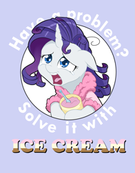 Size: 785x1000 | Tagged: safe, artist:dstears, part of a set, rarity, pony, unicorn, bathrobe, clothes, comfort eating, crying, eating, food, ice cream, marshmelodrama, robe, solo, this will end in weight gain