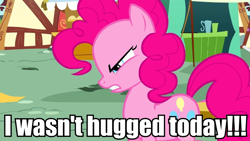 Size: 960x540 | Tagged: safe, edit, edited screencap, screencap, pinkie pie, earth pony, pony, griffon the brush off, image macro, meme, no snuggles, solo