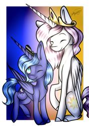 Size: 1024x1446 | Tagged: safe, artist:enderblackwings, princess celestia, princess luna, alicorn, pony, cewestia, eyes closed, female, filly, one eye closed, pink-mane celestia, royal sisters, wink, woona, younger