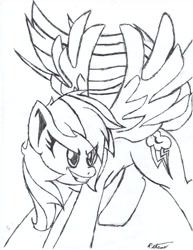 Size: 5100x6600 | Tagged: safe, artist:petanoprime, derpibooru import, rainbow dash, pegasus, pony, female, grin, lineart, mare, monochrome, signature, smiling, solo, traditional art