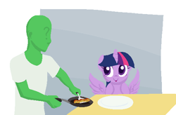 Size: 536x352 | Tagged: safe, artist:furseiseki, derpibooru import, twilight sparkle, twilight sparkle (alicorn), oc, oc:anon, alicorn, human, pony, :>, bacon, excited, female, happy, mare, omnivore twilight, pixel art, ponies eating meat, skillet, smiling, spatula, spread wings, tongue out