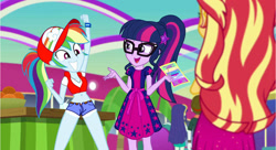 Size: 1282x699 | Tagged: safe, edit, edited screencap, screencap, blueberry cake, rainbow dash, scott green, sunset shimmer, twilight sparkle, better together, equestria girls, clothes, clothes edit, cosplay, costume, terry bogard