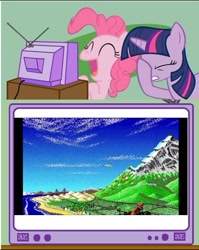 Size: 382x480 | Tagged: safe, derpibooru import, pinkie pie, twilight sparkle, dinosaur, earth pony, pony, california, california games (jontron episode), california games 2, exploitable meme, jontron, meme, obligatory pony, tv meme