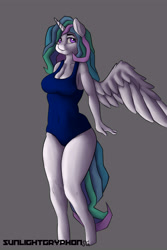 Size: 4000x6000 | Tagged: safe, artist:sunlightgryphon, princess celestia, alicorn, anthro, unguligrade anthro, absurd resolution, breasts, clothes, female, gray background, one-piece swimsuit, princess breastia, simple background, solo, spread wings, swimsuit, wings