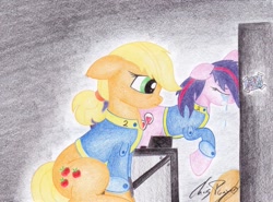 Size: 1023x756 | Tagged: safe, artist:thechrispony, applejack, oc, earth pony, pony, fallout equestria, crying, fanfic, fanfic art, female, floppy ears, hat, hatless, hooves, mare, ministry mares, missing accessory, sad, stable 2, traditional art