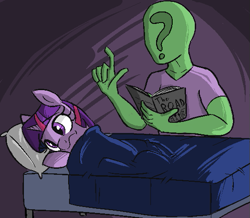 Size: 543x474 | Tagged: safe, artist:nohooves, derpibooru import, twilight sparkle, oc, oc:anon, human, pony, bed, bedtime story, book, female, lying on bed, mare, reading, the road