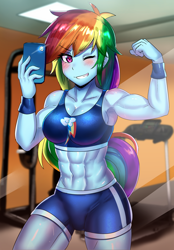 Size: 800x1148 | Tagged: safe, artist:tzc, derpibooru import, rainbow dash, equestria girls, abs, anime, armpits, breasts, clothes, commission, female, gym, midriff, muscles, muscular female, one eye closed, rainboob dash, rainbuff dash, selfie, solo, sports bra, sweat, wink, workout outfit