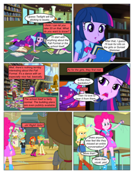 Size: 612x792 | Tagged: safe, artist:greatdinn, artist:newbiespud, edit, edited screencap, screencap, applejack, pinkie pie, snails, snips, sunset shimmer, twilight sparkle, collaboration, comic:friendship is dragons, equestria girls, equestria girls (movie), all fours, balloon, book, clipboard, clothes, comic, cutie mark, cutie mark on clothes, dialogue, eyes closed, female, gym, hat, library, male, screencap comic, skirt