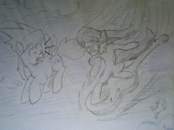 Size: 960x720 | Tagged: artist needed, safe, cloudchaser, octavia melody, earth pony, pony, 30 minute art challenge, flying, photo, traditional art