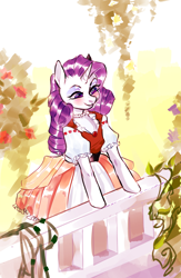 Size: 2196x3362 | Tagged: safe, artist:catzino, rarity, pony, semi-anthro, unicorn, balcony, clothes, dress, female, mare, smiling, solo