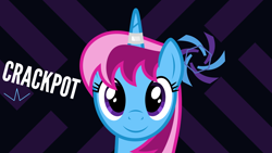 Size: 1920x1080 | Tagged: safe, artist:parclytaxel, derpibooru import, edit, oc, oc only, oc:parcly taxel, pony, unicorn, crackpot, horn ring, looking at you, self deprecation, smiling, solo, vector, wallpaper