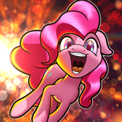 Size: 4096x4096 | Tagged: safe, artist:autello, pinkie pie, earth pony, pony, absurd resolution, explosion, floppy ears, glow, happy, jumping, looking at you, open mouth, ponk, smiling, solo