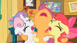 Size: 1745x982 | Tagged: safe, derpibooru import, screencap, apple bloom, applejack, babs seed, featherweight, rainbow dash, rarity, scootaloo, sweetie belle, earth pony, pegasus, pony, unicorn, the last crusade, bowl, candy, clubhouse, crusaders clubhouse, crying, cutie mark crusaders, discovery family logo, flower, food, picture, picture frame